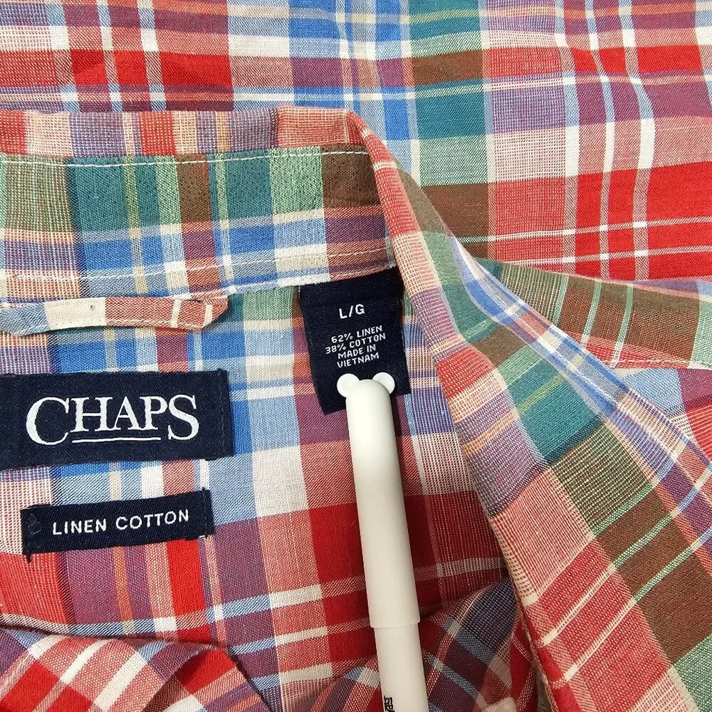 Ralph Lauren Chaps Linen Blend Colorful Plaid Shirt Mens Sz L Preppy Work Casual - Picture 8 of 9